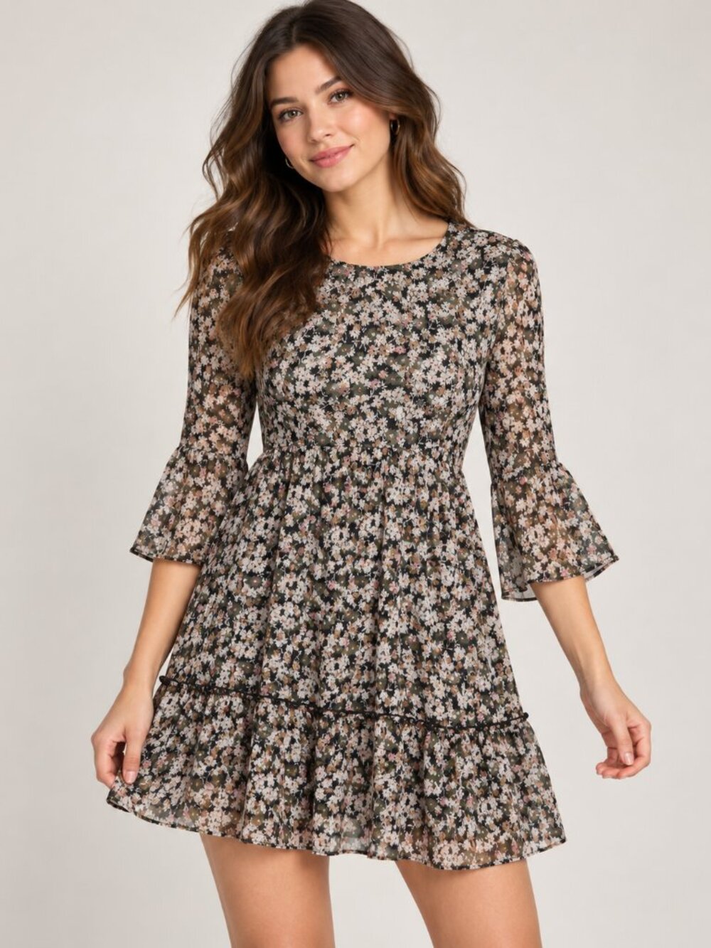 Wonder Nation Girls Plus Size L 10-12 Floral Bell Sleeve Tiered Mini Dress